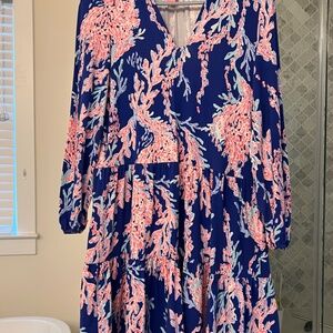 LILLY Traci Dress or Cover Up Borealis Blue Cobalt Pink Coral Pattern NWOT XS